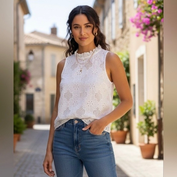 J. Crew Tops - $128 NWOT J.Crew Fleur Ruffle Mock Neck White Eyelet Sleeveless Top Blouse XL